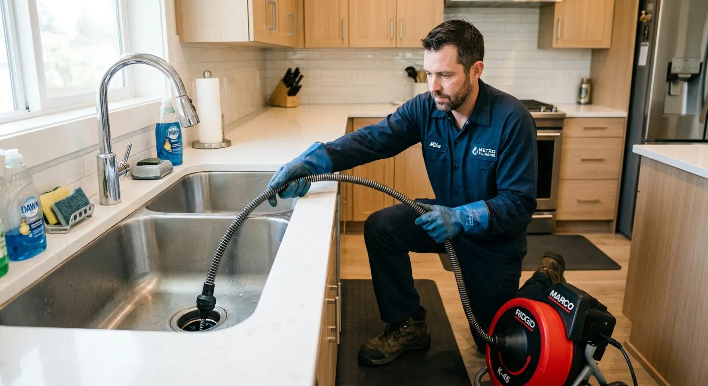 Drain cleaning technician using a motorized snake on a kitchen sink in Ocean Pines