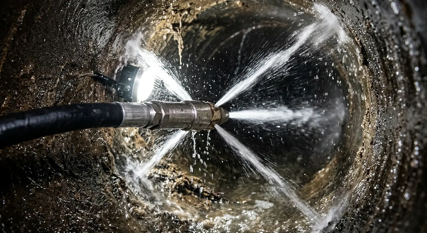 High-pressure hydro jetting nozzle cleaning sewer pipe for Trenchless Sewer Repair in Ocean Pines