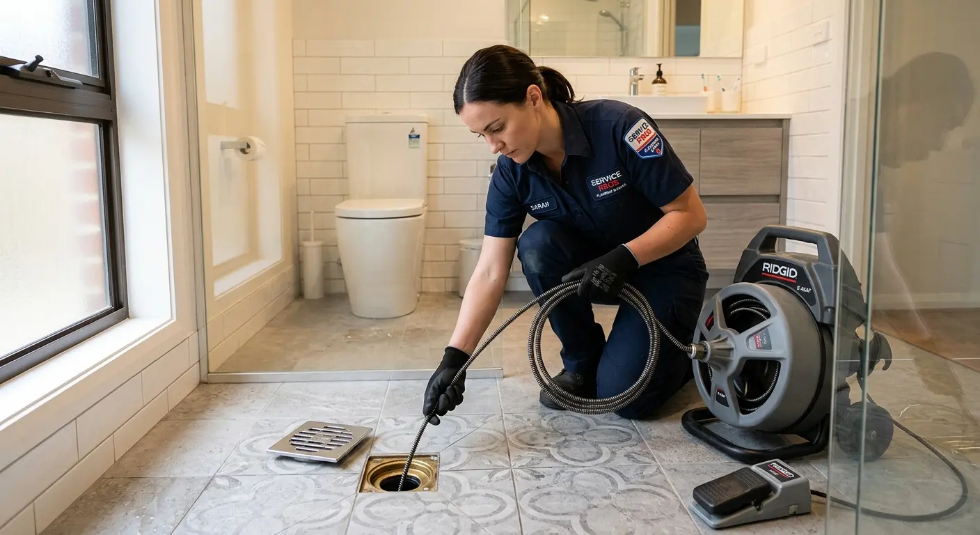 Technician clearing a bathroom floor drain for Sewer Line Replacement in Ocean Pines